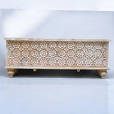 Handmade Indian Furniture Solid Hard Wood Carved Blanket Box Whitewash